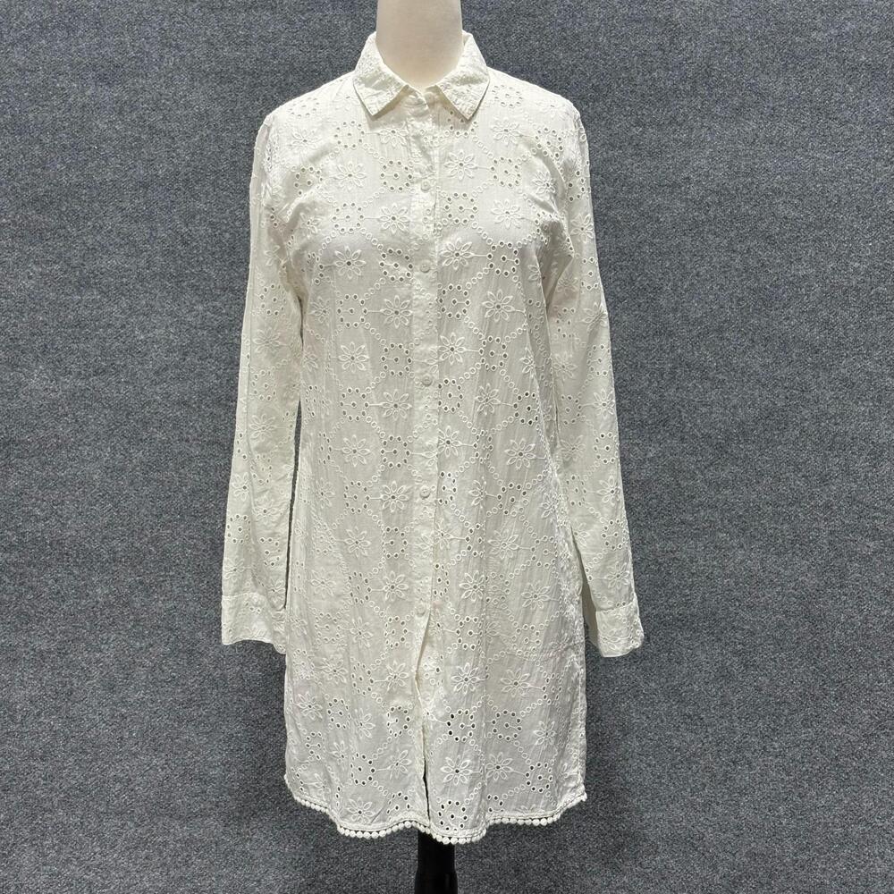 Tommy Bahama Dress Womens Small White Eyelet Embroidered Shirt Dress Long Sleeve